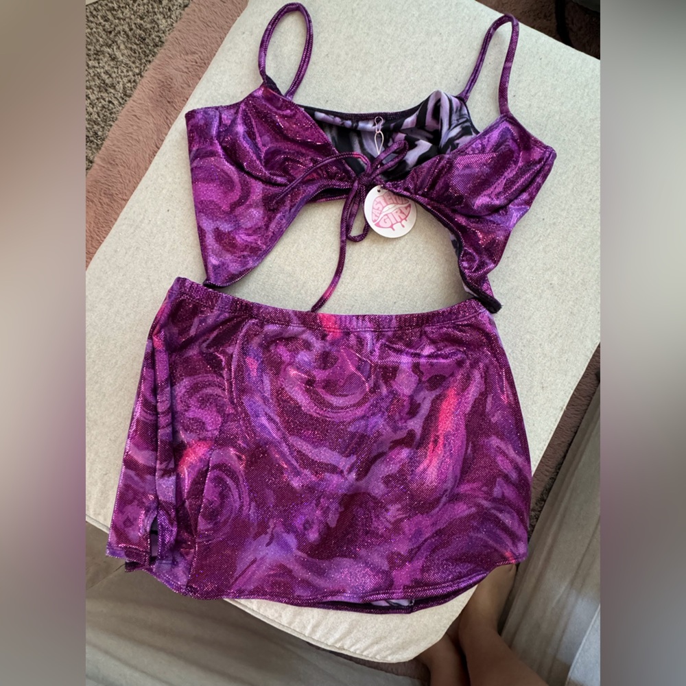 Purple holographic micro miniskirt and tie top set
